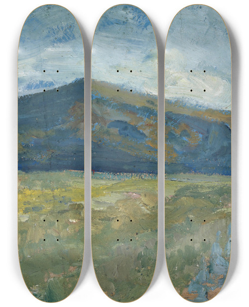 Triptych art skateboard deck of Ernst Schiess Plain With Bare Mountain by Ernst Schiess (1872-1919)