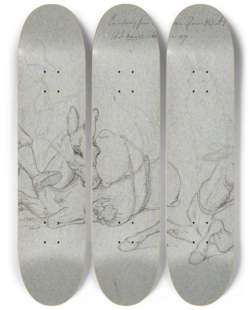 Triptych art skateboard deck of Johan Thomas Lundbye Liggende Sel Der Piskes Og Sparkes Af En Frer Th To Studier Af Et Liggende Og Et Stende Sel by Johan Thomas Lundbye (1818-1848)