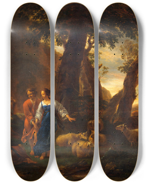 Triptych art skateboard deck of Nicolaes Pietersz Berchem Landscape With Peasants And Cattle_1 by Nicolaes Pietersz Berchem (1620-1683)