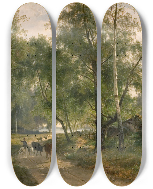 Triptych art skateboard deck of Edvard Bergh Beneath The Birches Motif From Mlaren by Edvard Bergh (1828-1880)