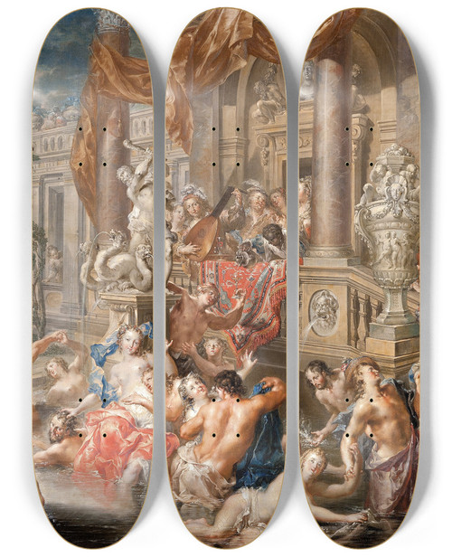 Triptych art skateboard deck of Johann Georg Platzer Fountain Scene In Front Of A Palace by Johann Georg Platzer (1704-1761)