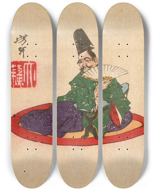 Triptych art skateboard deck of Tsukioka Yoshitoshi Sorori Shinzaemon And Hideyoshi by Tsukioka Yoshitoshi (1839-1892)