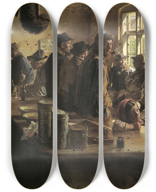 Triptych art skateboard deck of Peder Severin Kryer At The Grocery Store When There Is No Fishing by Peder Severin Kroyer (1851-1909)