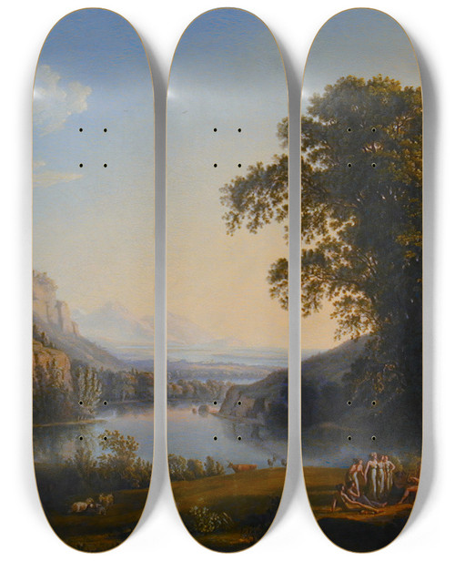 Triptych art skateboard deck of Ludwig Philipp Strack Arcadian Landscape by Ludwig Philipp Strack (1761-1836)