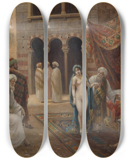 Triptych art skateboard deck of Stephan Sedlacek Sklavenmarkt by Stephan Sedlacek (1868-1936)