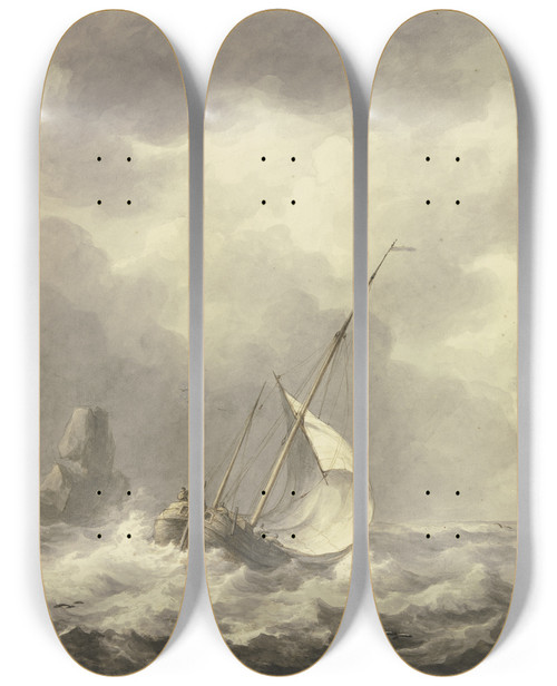 Triptych art skateboard deck of Martinus Schouman Drei Schiffe Und Boot Nach Rechts Viertes Boot Ist In Die Brandung Eines Felsens Geraten by Martinus Schouman (1770-1848)