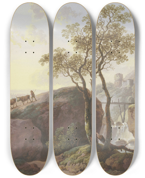 Triptych art skateboard deck of Maria Dorothea Wagner Landschaft Mit Einem Wasserfall Ber Den Ein Steg Fhrt Links Treibt Ein Bauer Zwei Khe Zu Tal Im Hintergrund Eine Ruine by Maria Dorothea Wagner