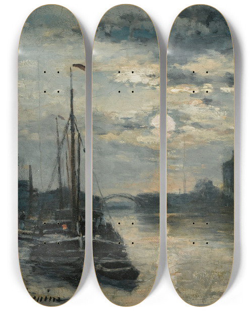 Triptych art skateboard deck of Stanislas Lpine Le Canal De Lourcq Lglise Saintchristophe Vue Du Quai De La Marne Effet De Lune by Stanislas Lepine (1835-1892)