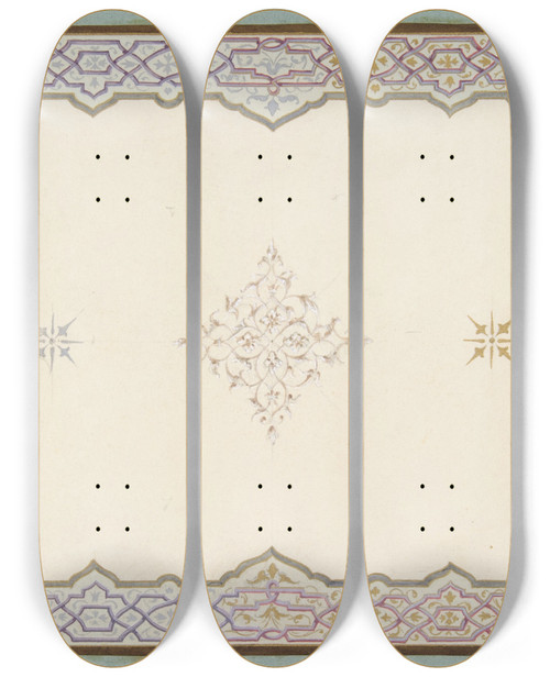 Triptych art skateboard deck of Julesedmondcharles Lachaise Design For The Decoration Of A Ceiling With A Border Of Strapwork And A Central Filagree Medallion by Jules-Edmond-Charles Lachaise (1897)