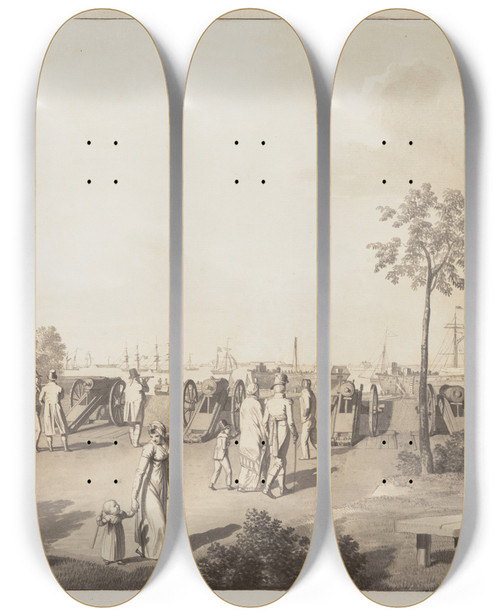 Triptych art skateboard deck of Christoffer Wilhelm Eckersberg The Harbour Of Copenhagen From The Esplanade Between Langelinie And Toldboden by Christoffer Wilhelm Eckersberg (1783-1853)