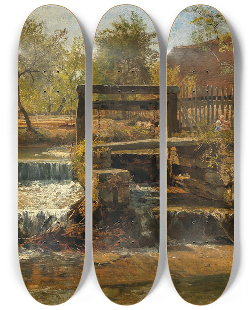 Triptych art skateboard deck of Hugo Darnaut A Weir by Hugo Darnaut (1850-1937)