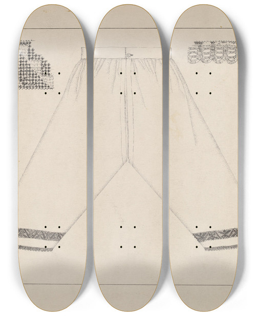 Triptych art skateboard deck of Evelyn Bailey Drawers Trimmed W Drawnwork by Evelyn Bailey