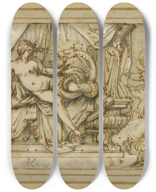 Triptych art skateboard deck of Andrea Boscoli Olympias Mother Of Alexander Visited By Zeus In The Guise Of A Serpent by Andrea Boscoli (1560-1608)