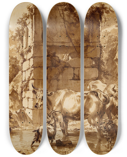 Triptych art skateboard deck of Nicolaes Pietersz Berchem Btail Labreuvoir Avec Un Berger Et Quatre Bergres Lugt 5 by Nicolaes Pietersz Berchem (1620-1683)