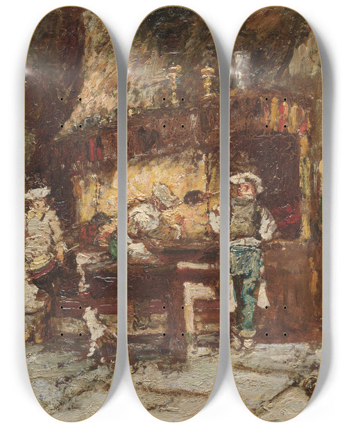 Triptych art skateboard deck of Adolphe Monticelli The Kitchen Of The Rtisserie Des Deux Paons by Adolphe Monticelli (1824-1886)