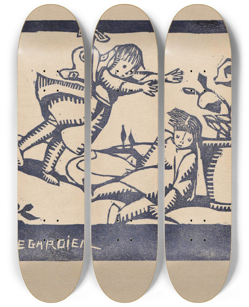 Triptych art skateboard deck of Tadeusz Makowski Lange Gardien Guardian Angel_2 by Tadeusz Makowski (1882-1932)