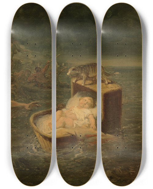 Triptych art skateboard deck of Johannes Hinderikus Egenberger The Miraculous Rescue Of A Child During The St Elisabeth Flood Anno 1421 by Johannes Hinderikus Egenberger (1822-1897)