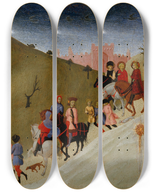 Triptych art skateboard deck of Sassetta The Journey Of The Magi by Sassetta (1392-1450)