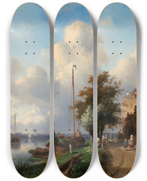 Triptych art skateboard deck of Charles Leickert A River Landscape With Figures On The Bank by Charles Leickert (1816-1907)