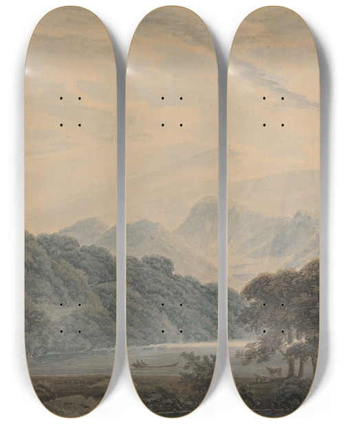 Triptych art skateboard deck of Thomas Sunderland The Head Of Ullswater With The Lodge Of Patterdale On The Left by Thomas Sunderland (1744-1828)