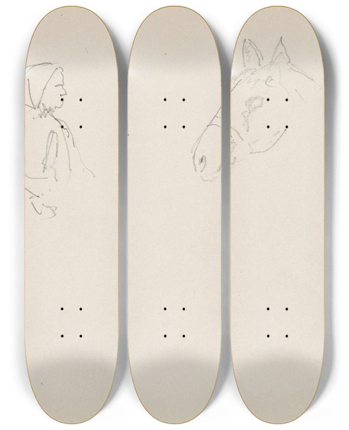 Triptych art skateboard deck of Adolph Tidemand Figur Og Hestestudie by Adolph Tidemand (1814-1876)