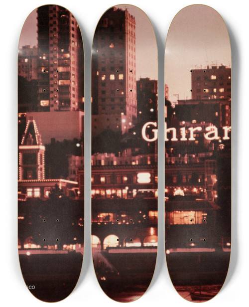 Triptych art skateboard deck of Us Information Agency Scenically Yours Ghiradelli Ghiradelli Square In San Francisco California by U S Information Agency (1953-1999)