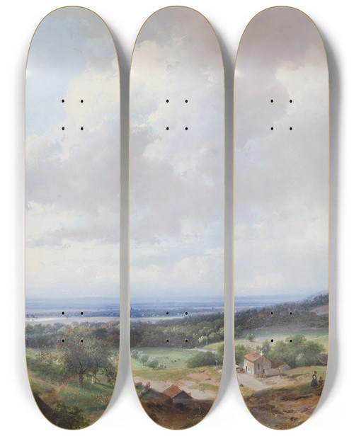 Triptych art skateboard deck of Andreas Schelfhout Shepherds And A Horseman By A Mill Haarlem In The Background by Andreas Schelfhout (1787-1870)
