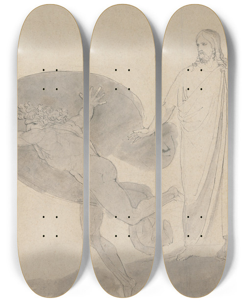 Triptych art skateboard deck of John Flaxman Get Thee Behind Me Satan by John Flaxman (1755-1826)
