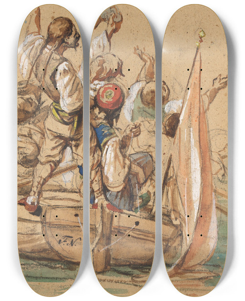 Triptych art skateboard deck of Friedrich Von Nerly Greek Sailors On A Venetian Canal by Friedrich Von Nerly (1807-1878)