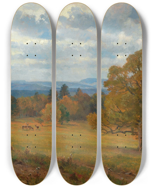 Triptych art skateboard deck of Hugo Darnaut Waldwiese In Merkenstein by Hugo Darnaut (1850-1937)