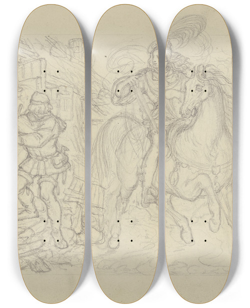 Triptych art skateboard deck of Ferdinand Fellner Ungedeutete Szene Ein Ritter Mit Armbrust An Einer Htte Haltend Ein Knappe Betritt Diese_2 by Ferdinand Fellner (1799-1859)