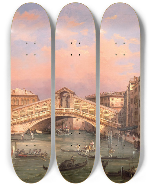 Triptych art skateboard deck of Giovanni Grubacs Venice A View Of The Rialto Bridge by Giovanni Grubacs (1829-1919)