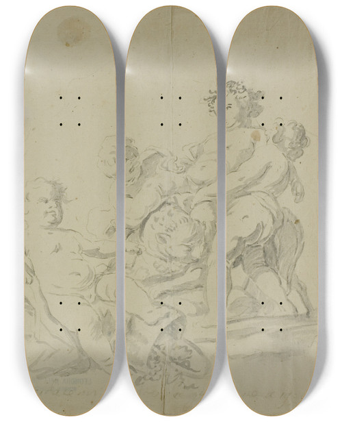 Triptych art skateboard deck of Carlo Amalfi Putti Bacchanal by Carlo Amalfi (1707-1787)