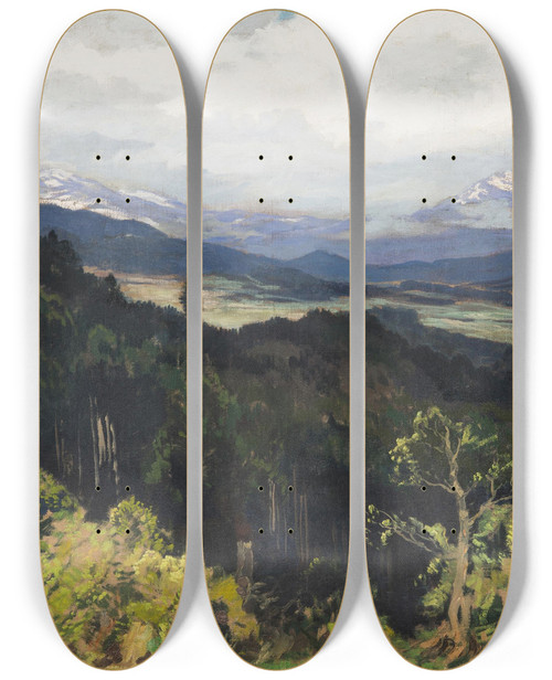 Triptych art skateboard deck of Gustav Macoun Spring In The Foothills by Gustav Macoun (1892-1934)