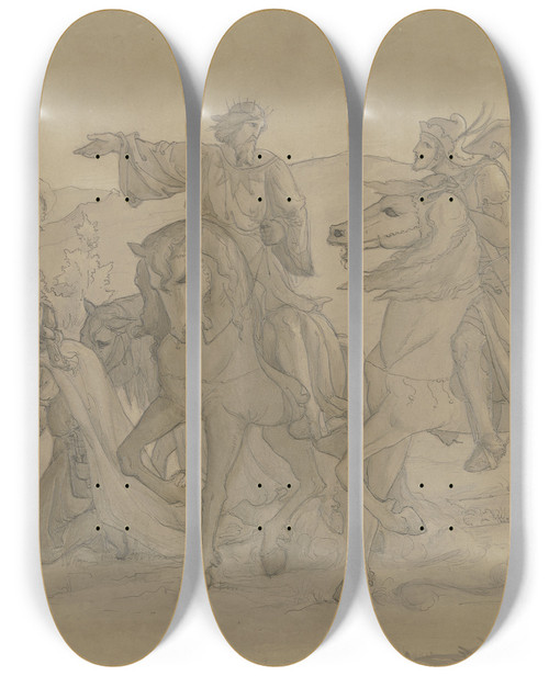 Triptych art skateboard deck of Victor Mller Ein Berittener Knig Weist Einem Krieger Zu Pferde Den Weg Zu Einer Ruine Ber Der Ein Stern Strahlt by Victor Muller (1829-1871)