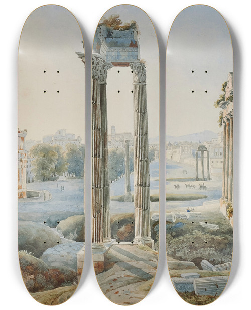 Triptych art skateboard deck of Johann Jakob Wolfensberger La Valle Des Temples Dagrigente En Sicile Avec Le Temple De La Concorde Et Le Temple Dhra by Johann Jakob Wolfensberger (1797-1850)