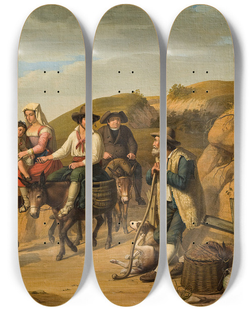 Triptych art skateboard deck of Dietrich Wilhelm Lindau Peasants At Monte Mario On Their Way To Rome by Dietrich Wilhelm Lindau (1799-1862)