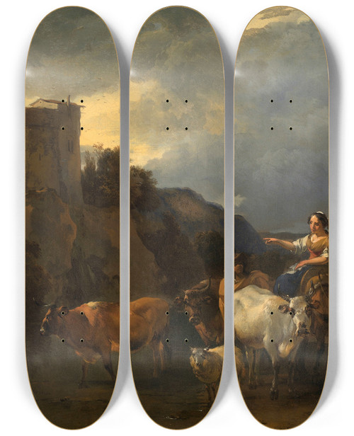 Triptych art skateboard deck of Nicolaes Pietersz Berchem Returning From The Meadow by Nicolaes Pietersz Berchem (1620-1683)