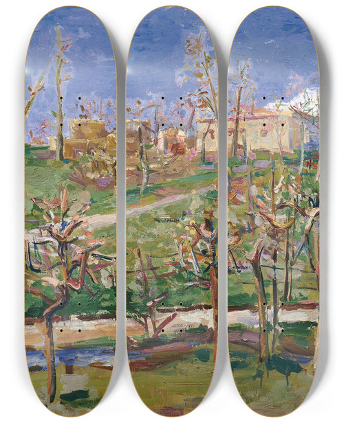 Triptych art skateboard deck of Felix Esterl Landschaft Bei Lindsternberg by Felix Esterl (1894-1931)