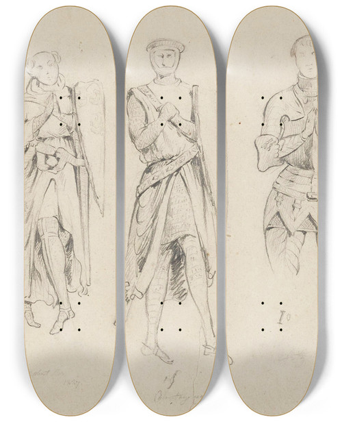 Triptych art skateboard deck of Prosper Lafaye Chevaliers Mdivaux Gisant by Prosper Lafaye (1806-1883)
