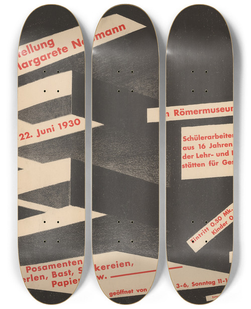 Triptych art skateboard deck of Kurt Schwitters Ausstellung Margarete Naumann Spitzen Posamenten Perlen Bast Stickereien Papier Usw Rmermuseum Hildesheim by Kurt Schwitters (1887-1948)