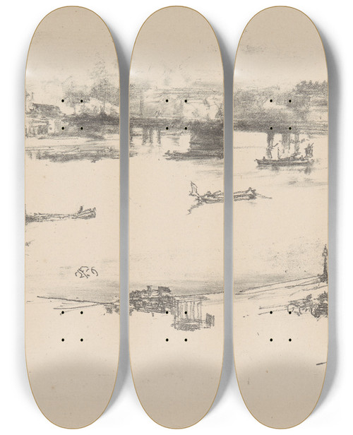 Triptych art skateboard deck of James Abbott Mcneill Whistler Charing Cross Railway Bridge by James Abbott Mcneill Whistler (1834-1903)