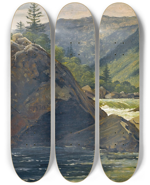 Triptych art skateboard deck of Martinus Rrbye An Erratic Rock In The Rapids by Martinus Rorbye (1803-1848)