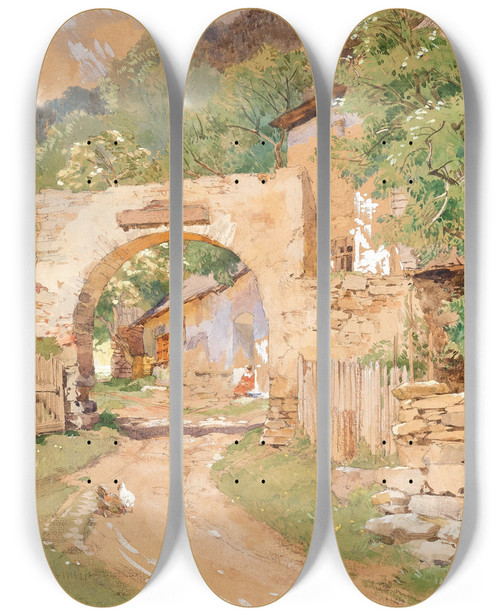 Triptych art skateboard deck of Hugo Darnaut Spring Mood At A Farm In The Waldviertel by Hugo Darnaut (1850-1937)