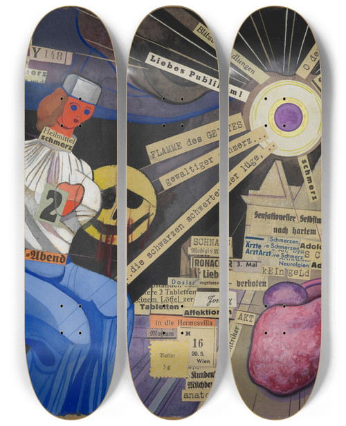Triptych art skateboard deck of Karl Wiener Ohne Titel Schmerz by Karl Wiener (1901-1949)