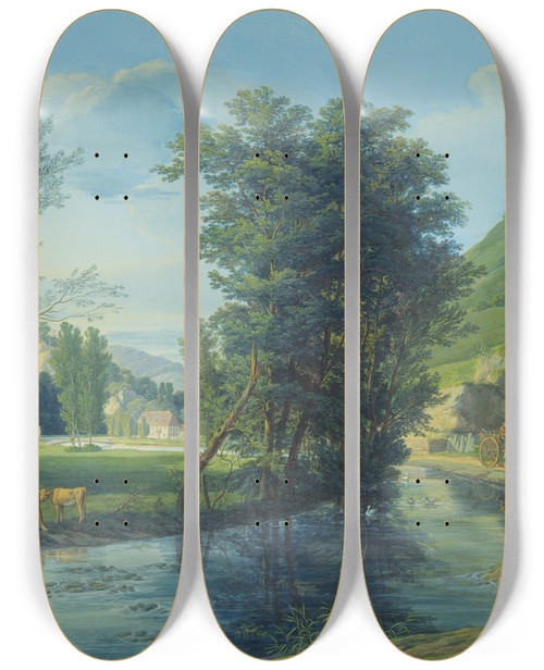 Triptych art skateboard deck of Anton Radl In Einem Tal Das Ein Bach Durchstrmt Mehrere Zerstreute Huser Auf Dem Wege Ein Fuhrwerk Mit Einem Schimmel Links Eine Kuh Mit Einem Kalb by Anton Radl (1774-1852)