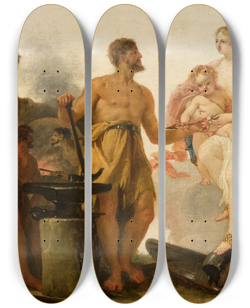 Triptych art skateboard deck of Heinrich Friedrich Fger Venus In The Forge Of Vulcan by Heinrich Friedrich Fger (1751-1818)