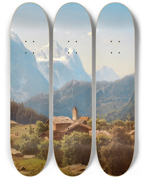 Triptych art skateboard deck of Anton Hansch A Scene In The Bernese Highlands Wetterhorn by Anton Hansch (1813-1876)