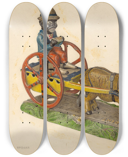 Triptych art skateboard deck of Isidore Danziger Toy Bank Donkey And Cart by Isidore Danziger