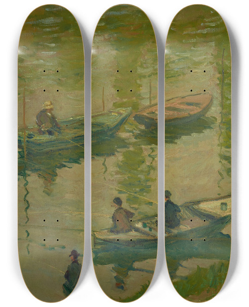Triptych art skateboard deck of Claude Monet Angler Auf Der Seine Bei Poissy Fischer An Der Seine Bei Poissy by Claude Monet (1840-1926)